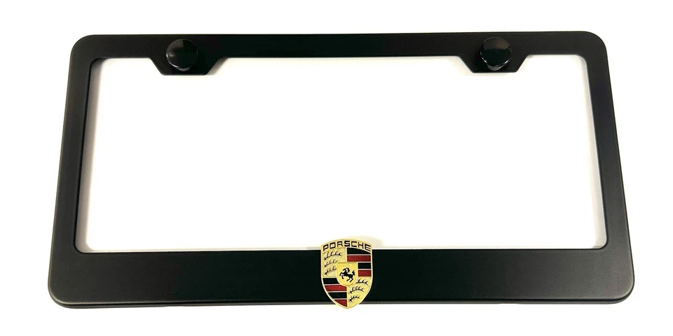 3D Macan Panamera Targa Emblem Stainless Steel Black License Plate Frame W/ Caps - Image 1 of 4