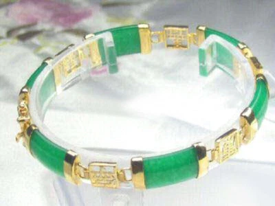 Genuine Green Jade 18KGP Fortune Emolument Longevity Luck Clasp Bangle Bracelet - Image 1 of 3