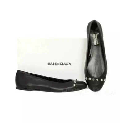 New Auth Balenciaga Studded Women Leather Ballet Flats Shoes Black 37.5 7.5 $695 - Image 1 of 4