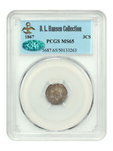 1867 3CS PCGS/CAC MS65 ex: D.L. Hansen