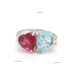 Real Heart Cut Tourmaline & Aquamarine Wedding Band Ring 14k Yellow Gold Jewelry - Picture 1 of 5