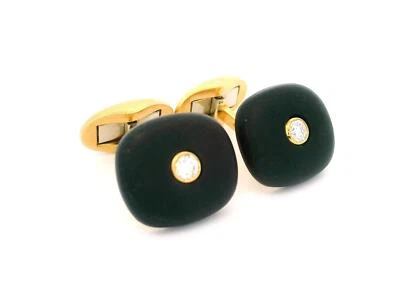 West Germany 18k Gold 0.30ctw Diamond & Matte Black Hard Stone Cushion Cufflinks - Image 1 of 4
