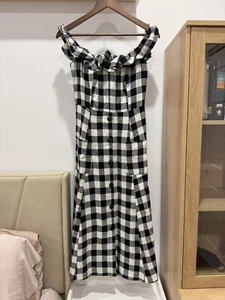 Reformation Women 8 Black Plaid 100% Linen Hattie Off The Shoulder Gingham Dress - Picture 1 of 8