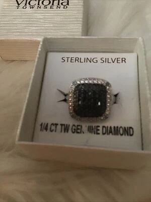 VICTORIA TOWNSEND STERLING SILVER SQUARE HALO BLACK & WHITE DIAMOND RING SZ 7 - Image 1 of 2