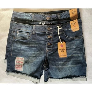 Lot of 2 Hippie Girl Denim Midi Rise Shorts Button Fly Raw Hem Size 18 Blue NWT - Picture 1 of 6