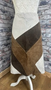 Vintage NEW LOOK Brown Real Suede Leather Patchwork Boho Western Midi Skirt 14 - Picture 1 of 10