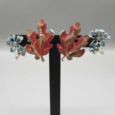 Vintage Enamel Earrings lot of 2 BSK STAR Rhinestone AB Leaf Flower Silver Tone - Image 1 of 4