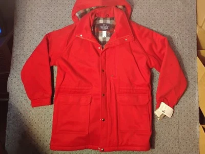 Abrigo Chaqueta de Lana Woolrich Forrado a Cuadros Capucha Para Mujer Grande Rojo De Colección Nuevo Foto 1 de 4