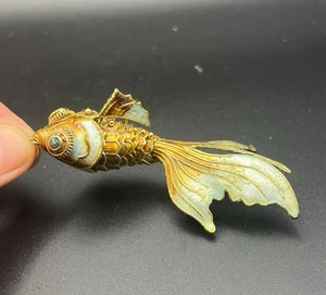 Vintage Cloisonne Metall Emaille Fisch KOI Anhänger Ornament Gold & Blau 4" - Bild 1 von 7