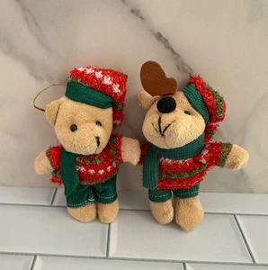 Christmas Bear & Reindeer Plush Stuffed Animal Ornaments Set of 2 - Picture 1 of 7