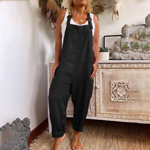 Women Cotton Linen Strappy Jumpsuit Dungarees Baggy Overall Trouser With Pockets