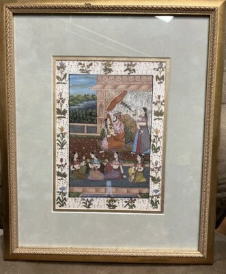 Pintura de seda de Oriente Medio indio de colección Imperio mogol escena harén enmarcada arriesgada Foto 1 de 4