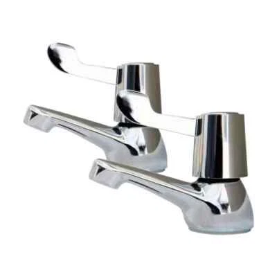 AKW Lever Handle Basin Taps Pair Deck Mounted 2 Tap Holes Silver Chrome