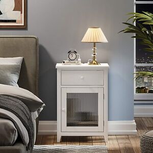 Nightstand for bedroom Side Table Stand Cabinet White End Table with Glass Door 