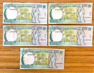 Billete Ten Liri 1989 #51 Banco Central de Malta lote de 5 primera serie C1-C5 - Imagen 1 de 2