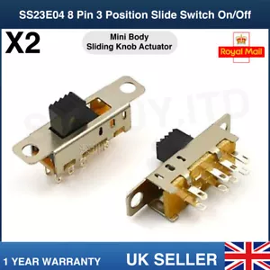 x2 8 Pin 3 Position Slide Switch On/Off 2P3T DP3T PCB Mount Mini Vertical Toggle - Picture 1 of 4