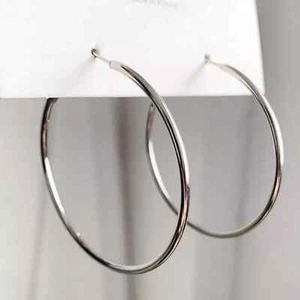 14K White Gold Plated Beautiful High Polish Finish 50Mm Large Hoop Earrings - Picture 1 of 2
