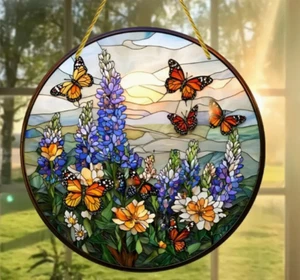 SUNCATCHER- Acrylic Window Hanging, 8"x8" Blue-Purple Lupine & Monarch Butterfly - Picture 1 of 5