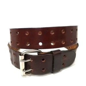 Vtg Oil Tanned Leather Belt Mens 42 Brown Heavy Duty Roller Buckle Double Prong - Picture 1 of 11