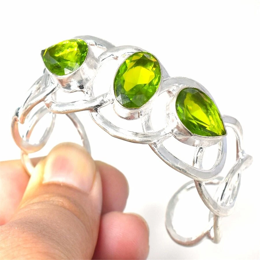 Amazing Peridot Gemstone Handmade 925 Sterling Silver Jewelry Bangle Sz 7-8 - Image 1 of 1