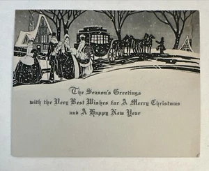 Vintage Art Deco Weihnachtskarte - Menschen draußen zu Hause mit Pferden und Kutsche - Bild 1 von 2