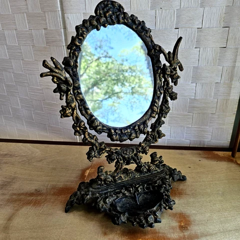 Antique Art Nouveau Mirror Ornate Metal Free Standing with Trinket Dish Base Cover