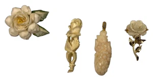 Lot of 4 Carved Flower Brooches and Pendant Stunning Vintage Jewelry Set - Picture 1 of 8