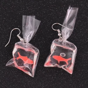 Girls Womens Goldfish In A Bag Drop Dangle Earrings Fish Fun Novelty orange - Picture 1 of 4