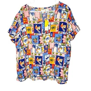 Neu mit Etikett C&C California 100 % Leinen Oberteil 2X bunt tropischer Druck Kurzarm Bluse - Bild 1 von 7