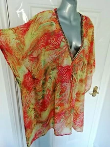 M&S Size 10 12 (S) Orange Green Pink Red Semi Sheer Kaftan Blouse Top Beaded - Picture 1 of 8