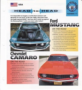Ford Mustang 1969 vs Chevy Camaro SS396 hoja de especificaciones de comparación folleto Hot Cars - Imagen 1 de 3