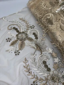 1 mtr ivory/gold embroidered studded scalloped bridal tulle net fabric 52” wide - Picture 1 of 4