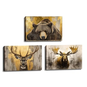 Waldtier Leinwand Wandbild 3 Stück - Elch Elch Bär Bild Vintage Gold... - Bild 1 von 6