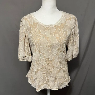 Top Anthropologie Solitario Tostado Floral Bordado Manga Abullonada Fecha Noche XL Foto 1 de 4