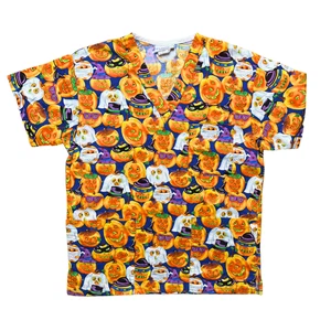 Vintage Halloween Graphic Scrub Shirt Men XS Women M Jack-o-Lantern Pumpkin Peds - Picture 1 of 5
