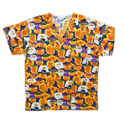 Vintage Halloween Graphic Scrub Shirt Men XS Women M Jack-o-Lantern Pumpkin Peds - Image 1 of 4