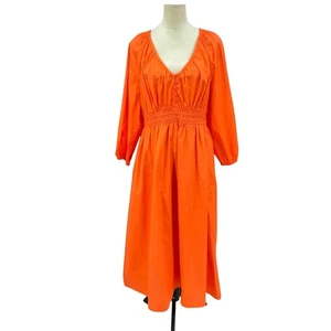 J. Crew NWT L Bright Orange Poplin Cotton V-neck Smocked Midi Dress w POCKETS - Picture 1 of 13