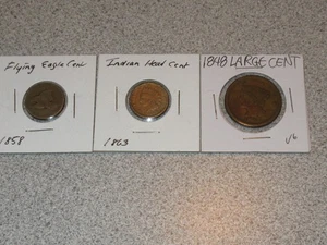 US TYPE COINS - 1858 FLYING EAGLE CENT, 1863 INDIAN HEAD CENT, 1848 LARGE CENT - Picture 1 of 11