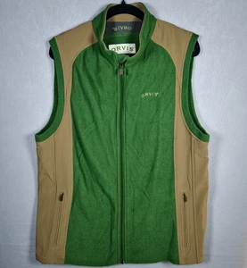 Orvis Men’s Sweater Vest Large Green Tan Merino Wool Full Zip Golf Casual Work - Picture 1 of 7