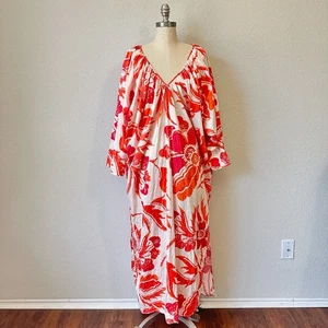 MARA HOFFMAN Luz Coverup Dress Women M Red Ivory Floral Maxi Swim Beach Tropical - Picture 1 of 14