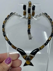 VINTAGE STERLING SILVER TIGERS EYE & ONYX 4 PIECE JEWELRY SET   - Picture 1 of 15
