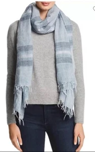 Eileen Fisher Wrap Scarf Linen Blend 78”x13.5” Blue Coastal Striped Fringed - Picture 1 of 5