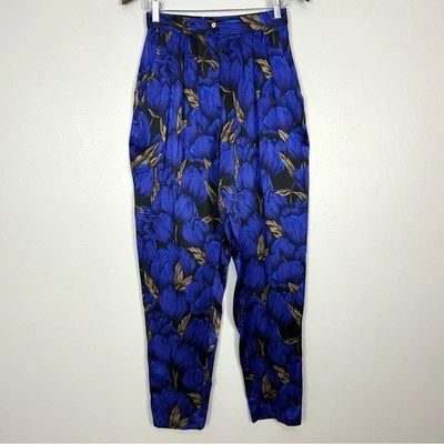 Pantalones de zanahoria plisados 100 % seda vintage para mujer talla 8 estampado floral cónicos años 80’s Foto 1 de 4