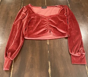 Woman’s Almost Famous Long Sleeve Velvet Crop Top Xl Red/pink - Picture 1 of 3