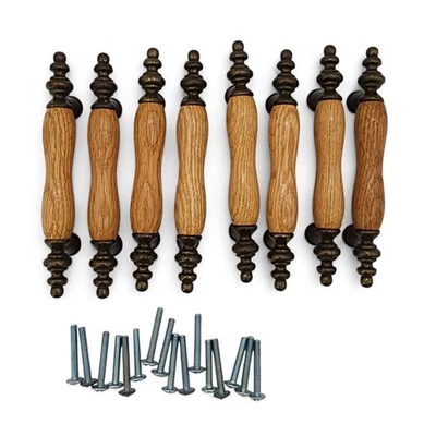 Vintage Salvaged Recycled Wood & Brass Drawer Pulls Oak & Metal Cabinet Handles - Image 1 of 4
