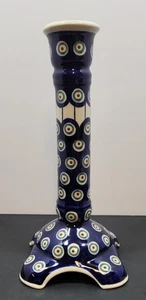 Polish Pottery Blue Rose 9.5" Candlestick Holder Peacock Design  - Picture 1 of 14