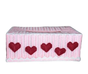 Handcrafted Pink Hearts 2 Piece Plastic Canvas Needlepoint Tissue Box Cover - Picture 1 of 13
