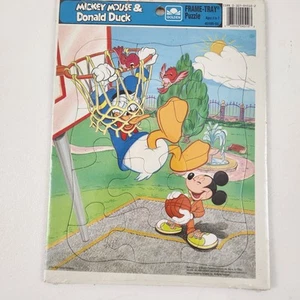 Vintage Disney Golden Frame Tray Puzzle Mickey Mouse & Donald Duck Basketball - Picture 1 of 5