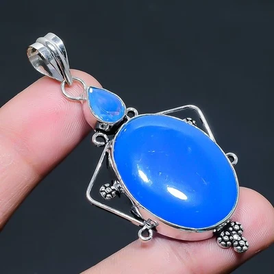 Pendente In Argento Sterling 925 Fatto A Mano In Gemma Di Calcedonio Viola 2.49" - Immagine 1 di 4