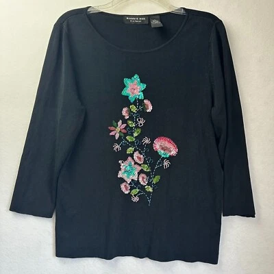 Robbie Bee Knitwear shirt women XL (M?) black sequin beaded floral VTG - Image 1 of 4